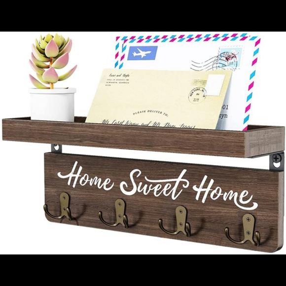 buways Wall-Mounted Key and Mail Holder, Wooden Key Rack with 4 Double Key Hooks - Picture 3 of 6